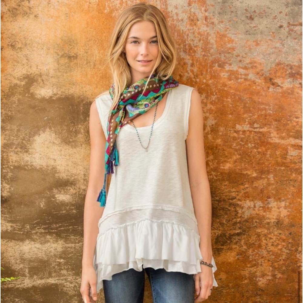 Sundance white long tank top with ruffles